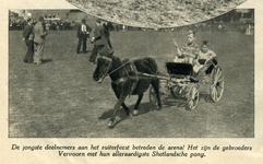 97431 Afbeelding van de broertjes Vervoorn in een koetsje achter een Shetland pony tijdens het ruiterfeest op het ...